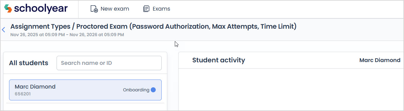 Screenshot of the Schoolyear Student activity dashboard for a proctored exam